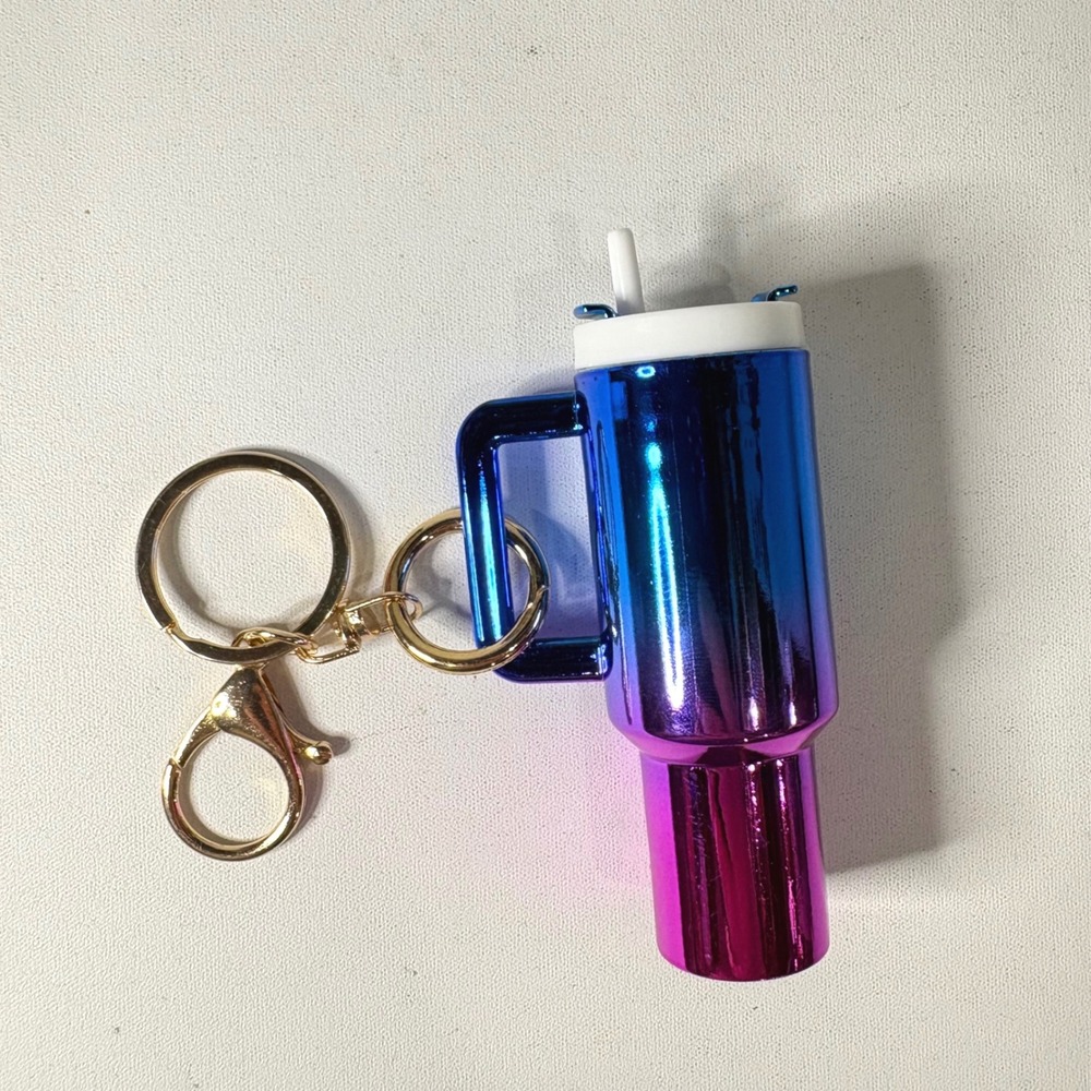 Ombre Tumbler Keychain Blue Pink Gradient Mini Cup Key Ring Gold Hardware